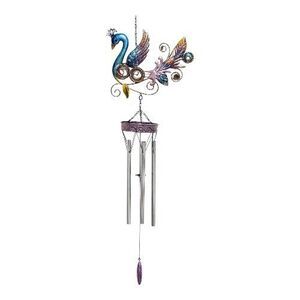 Hanging Peacock Bird Wind Chime Multicolor Garden Ornament Glass Stone Accents